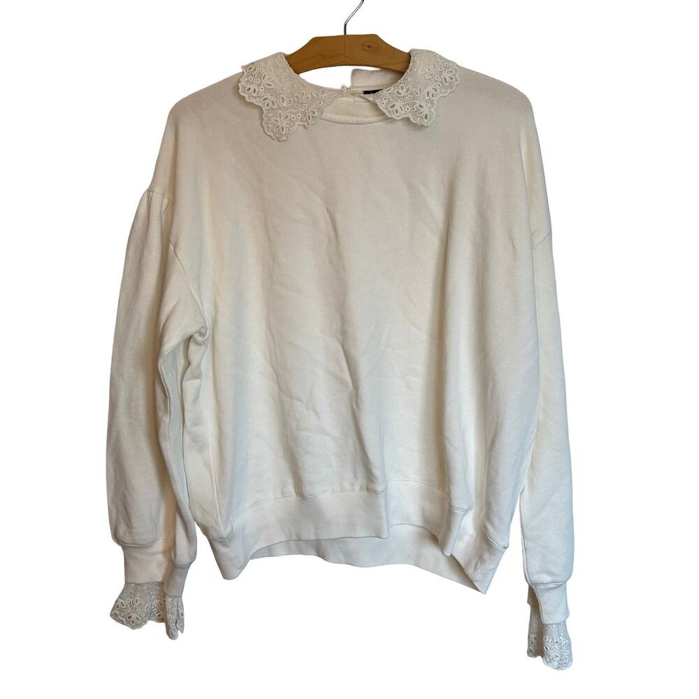 J. Crew Lace-Collar Crewneck Sweatshirt Ivory Cream Pullover Preppy Twee Size L